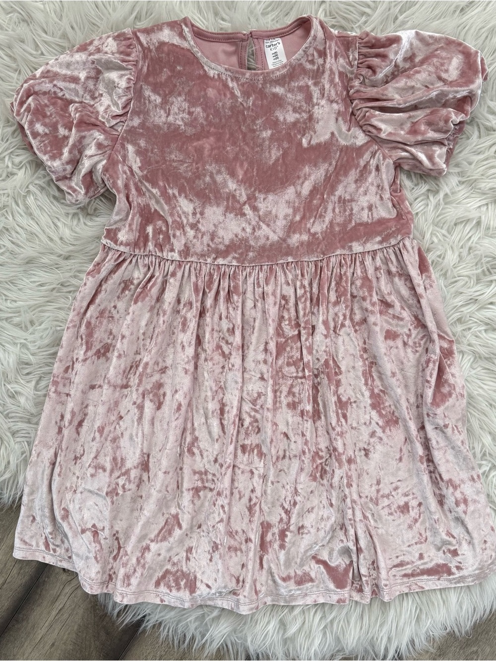 Carter's Crushed Velvet Puff-Sleeve Dress in Blush Pink